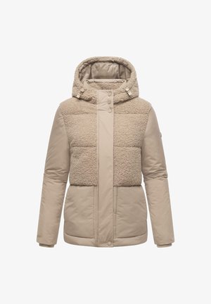 Beige puffer jacket featuring a textured fleece top, smooth lower section, a hood, and snap closure down the front.