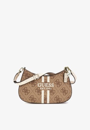 Borsa a spalla in tessuto marrone con strisce bianche e logo, design curvo, tracolla regolabile e accessori in tono dorato. Motivo monogramma distintivo.