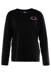 T-shirt nera a maniche lunghe in cotone, con collo rotondo, logo ricamato sul petto e badge con logo sulla manica.
