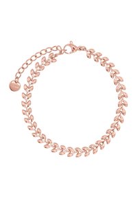 Bracciale in oro rosa con design a foglia, realizzato in metallo con una finitura liscia. Include una chiusura a granchio e una catena regolabile.