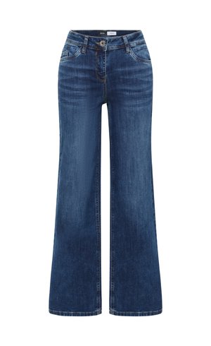 Jean large bleu foncé en denim, avec une fermeture éclair, un bouton, et des poches avant avec des détails de couture contrastés.