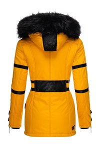 Yellow insulated parka with black faux fur hood, black quilted accents, and black stripes around the waist and sleeves. Adjustable cuffs.