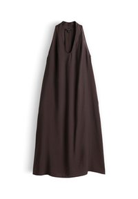 Dark brown sleeveless dress with deep V-neck and flared A-line silhouette, hanging flat against white background.