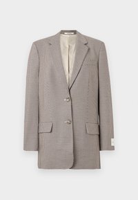Blazer simple boutonné avec un motif pied-de-poule noir et blanc, deux boutons, revers crantés, poches à rabat et doublure intérieure beige.