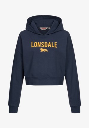 Marineblå cropped hætte sweatshirt lavet af bomuldsblanding. Har gule trykte Lonsdale-logo og løve grafisk design på forsiden. Lange ærmer.