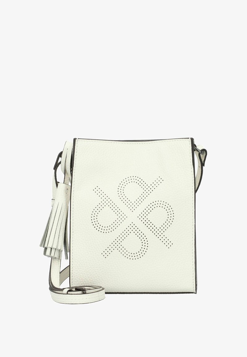 Borsa a tracolla bianca in pelle con un motivo geometrico perforato, un accentuato a frangia e una tracolla sottile regolabile. Superficie testurizzata e design pulito.