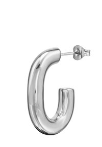 Orecchino a cerchio in argento con un design curvo e liscio che ricorda la lettera "C". Presenta una chiusura a perno e una finitura metallica lucida.