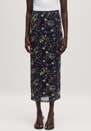 Bloemen-midirok in donkerblauw met een gevarieerd motief van kleurrijke bloemen. Gladde stof met een aangesloten silhouet en een lichte glans.