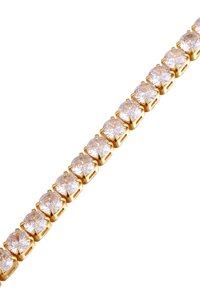 Pulsera de tono dorado con cristales transparentes redondos, dispuestos en ajustes de garra individuales, organizados en un diseño lineal. Acabado suave, apariencia elegante.