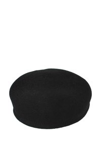 Béret en laine noire avec un design arrondi et plat. Texture lisse et bords sans couture, affichant une apparence classique et minimaliste.