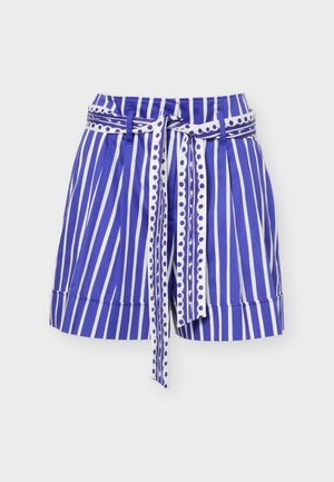 Shorts à taille haute rayés verticalement en bleu et blanc avec ceinture assortie présentant des motifs de points et de rayures, poches avant et ourlet retroussé.