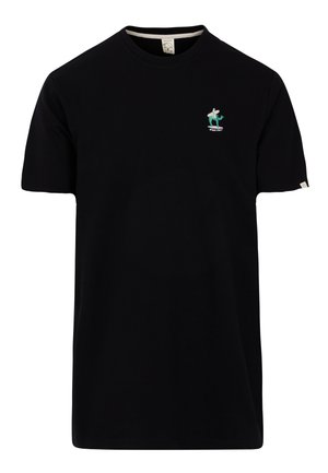 Black cotton t-shirt with short sleeves, featuring a small colored graphic on the left chest and a logo tag on the hem.