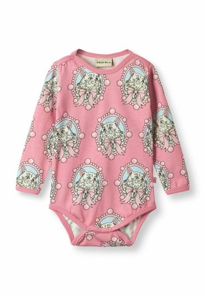Rózsaszín hosszú ujjú body puha pamutból, ismétlődő macskamintával díszített keretekben, gyöngyökkel és szalagokkal. Patentos alul.