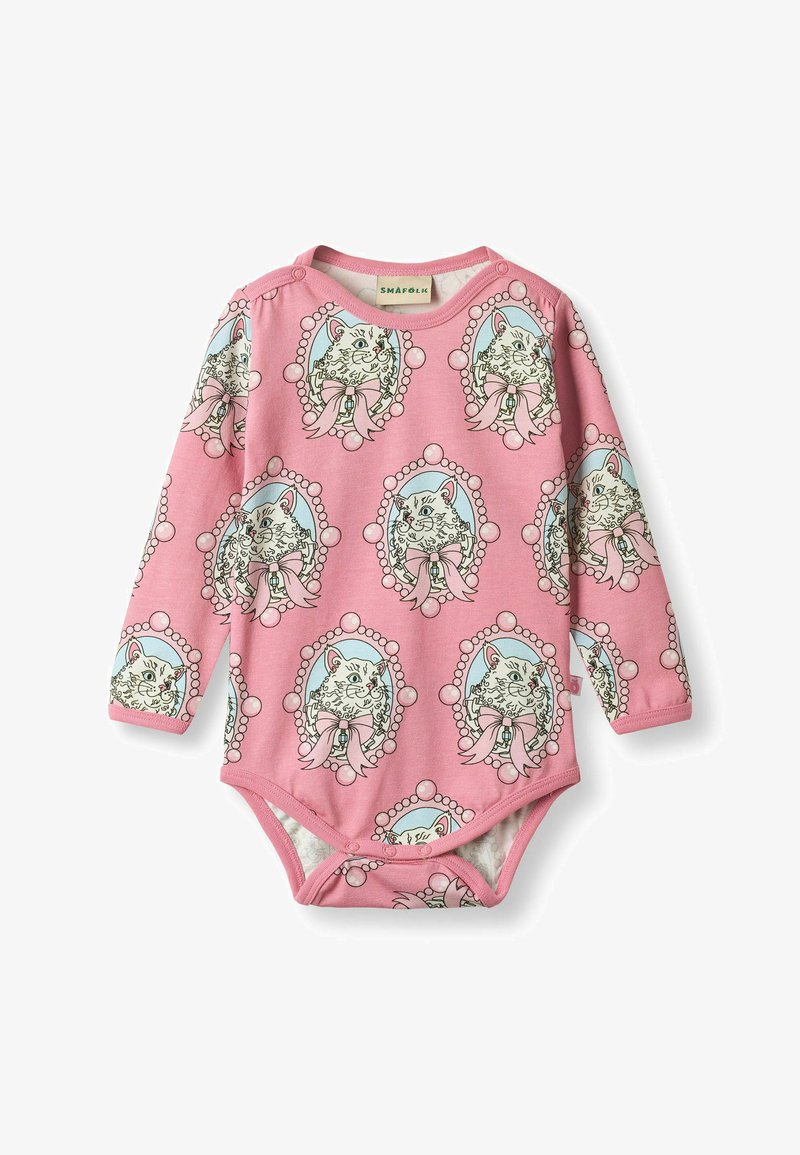 Roosa pika varrukaga body, mis on valmistatud pehmest puuvillast ja millel on korduv kasside illustratsioon dekoratiivsetes raamides pärlite ja lindidega. Alumises osas trukid.