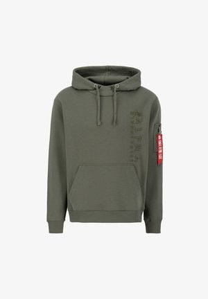 Olivgrüner Hoodie mit Kängurutasche, Kapuze mit Kordelzug und geprägtem "ALPHA INDUSTRIES"-Logo. Verfügt über ein rotes Utility-Reißverschlussfach.