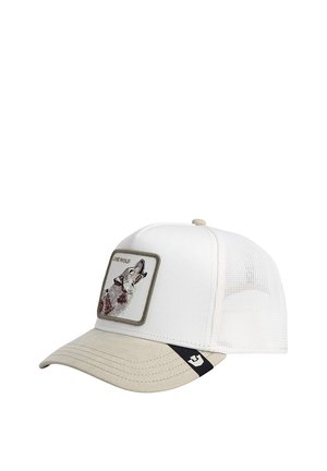 White mesh trucker cap with beige brim, front patch of a howling wolf and text "Lone Wolf," and small black logo on the brim.