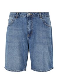 Shorts en denim dans un lavage bleu clair, avec une coupe droite, cinq poches et des accents de couture. Fermeture à bouton à la taille.