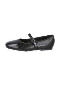 Bailarinas de cuero negro con punta redonda y una delgada correa en el tobillo. Presentan un acabado suave y un diseño minimalista. Suela plana.