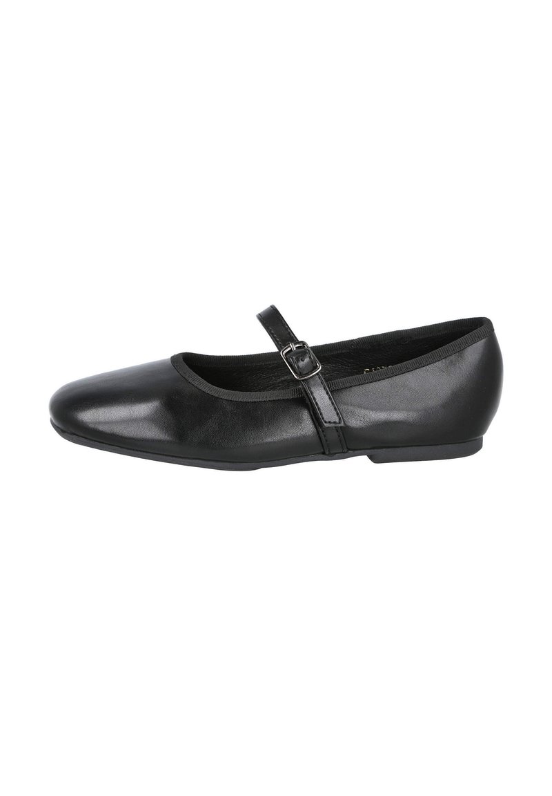 Bailarinas de cuero negro con punta redonda y una delgada correa en el tobillo. Presentan un acabado suave y un diseño minimalista. Suela plana.