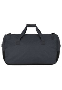 Sac de voyage gris foncé en tissu texturé. Comprend deux poignées supérieures solides et une base noire contrastante. Fermeture éclair à une extrémité.