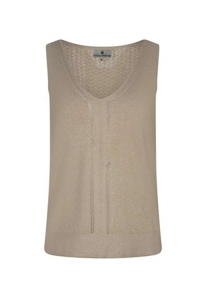 Débardeur en tricot beige avec un col en V, motif en chevrons et ourlet côtelé. Fabriqué dans un matériau doux avec un léger éclat et une texture légère.