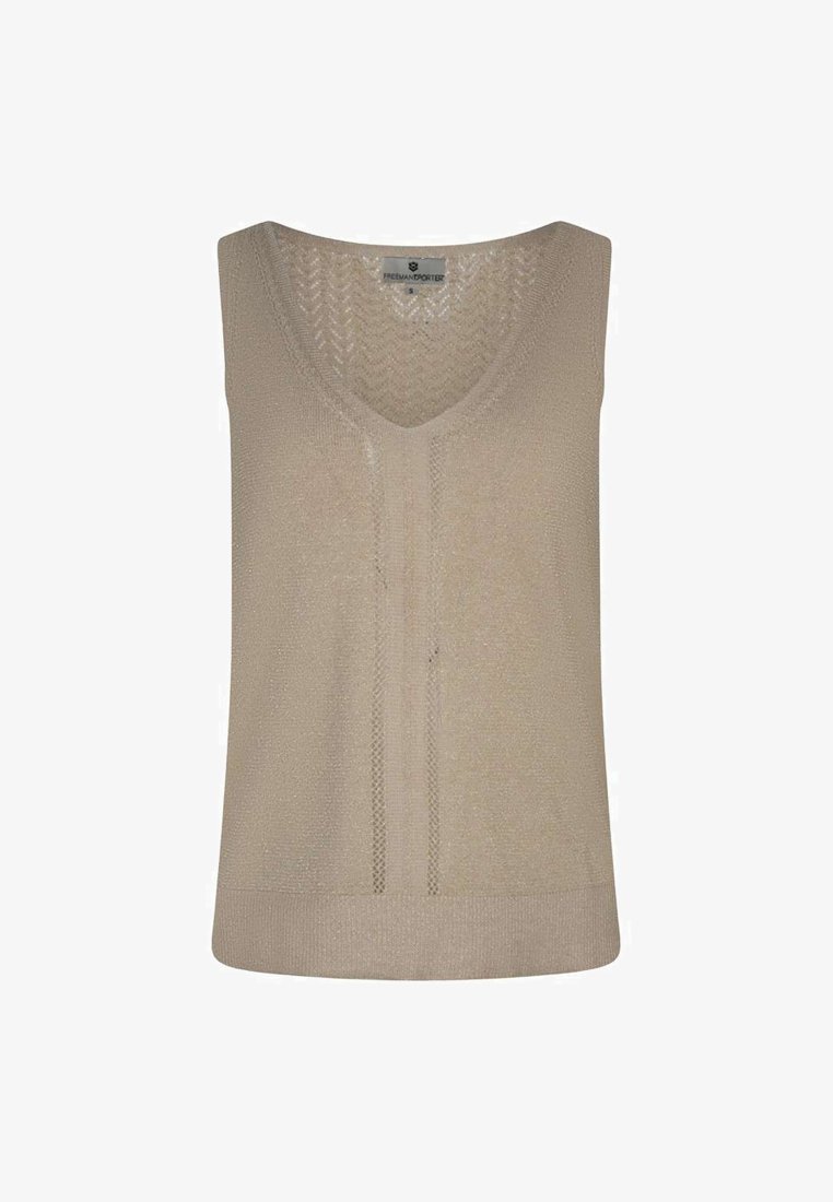 Débardeur en tricot beige avec un col en V, motif en chevrons et ourlet côtelé. Fabriqué dans un matériau doux avec un léger éclat et une texture légère.