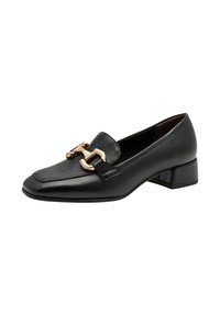 Black leather loafer with a rounded toe, low heel, and gold-tone metal hardware accent on the front. Smooth texture, minimal stitching details.