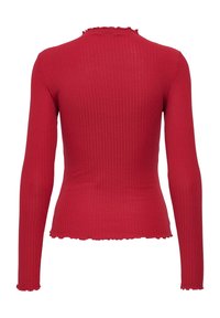 Haut rouge à manches longues côtelé avec des bords festonnés au niveau de l'encolure, des poignets et de l'ourlet, présenté de dos sur un fond blanc.