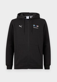 Μαύρο φούτερ με πλήρες φερμουάρ, κουκούλα και μπροστινές τσέπες, με λευκό λογότυπο Puma και λογότυπα BMW M Motorsport στο στήθος.