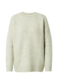 Hellgrüner, gestrickter Pullover mit rundem Ausschnitt, überschnittenen Schultern und gerippten Bündchen und Saum. Hat eine weiche Textur und eine lockere Passform.