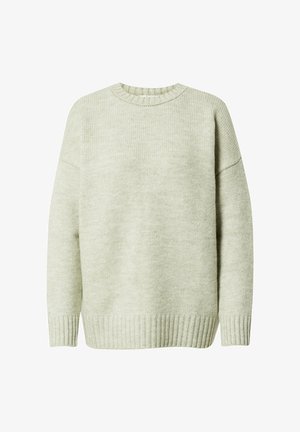 Maglione lavorato a maglia verde chiaro con scollatura rotonda, spalle scese e polsini e orlo a costine. Caratterizzato da una texture morbida e una vestibilità rilassata.