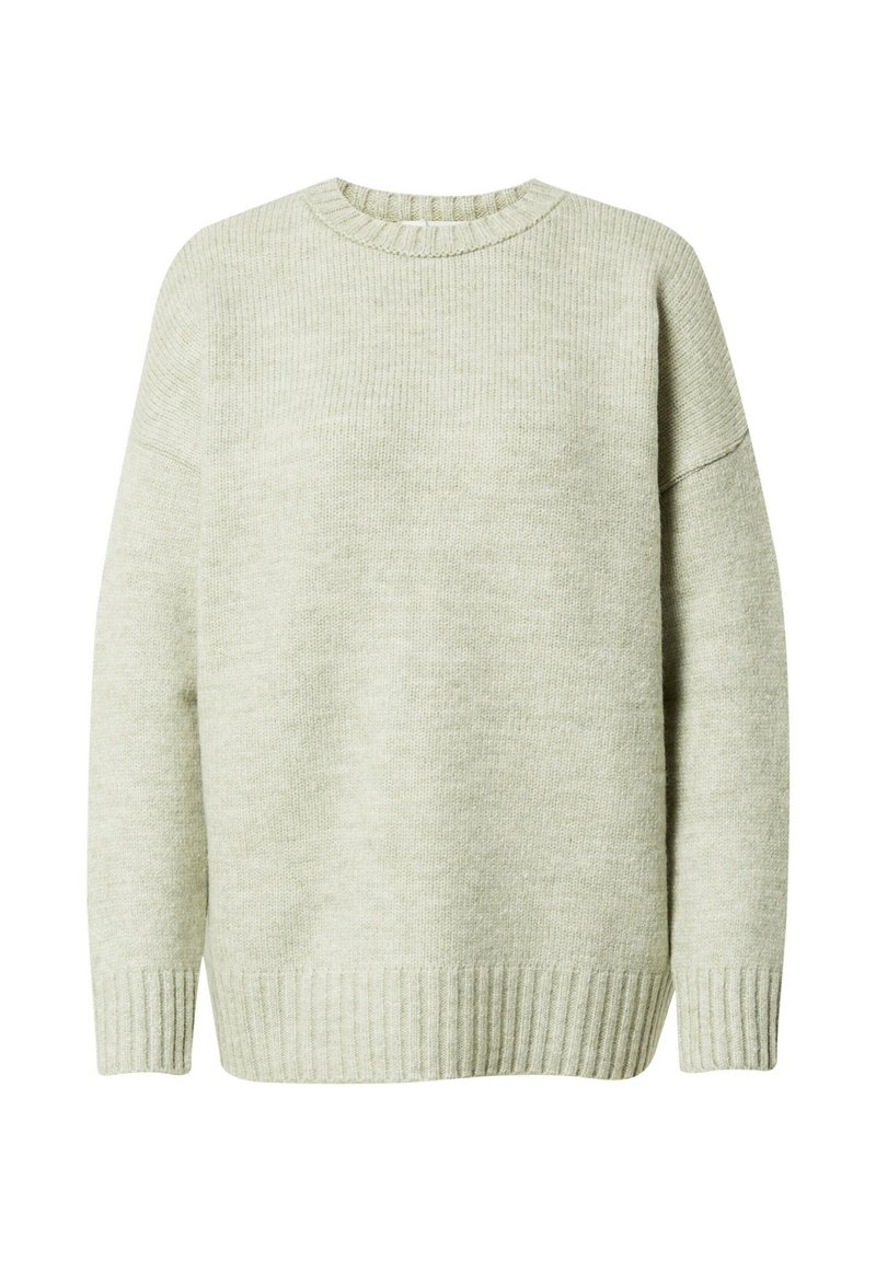 Hellgrüner, gestrickter Pullover mit rundem Ausschnitt, überschnittenen Schultern und gerippten Bündchen und Saum. Hat eine weiche Textur und eine lockere Passform.