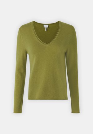 Green long-sleeve top with a V-neck, made from soft fabric. Features a relaxed fit and smooth texture, suitable for casual wear.