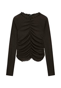 Top nero a maniche lunghe con design in tessuto arricciato lungo la parte anteriore, scollatura a onda e finitura testurizzata.