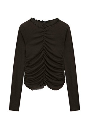 Schwarzes Langarmoberteil mit gerafftem Stoffdesign an der Vorderseite, gewelltem Halsausschnitt und strukturiertem Finish.