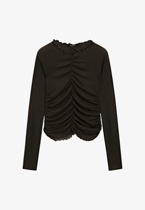 Schwarzes Langarmoberteil mit gerafftem Stoffdesign an der Vorderseite, gewelltem Halsausschnitt und strukturiertem Finish.