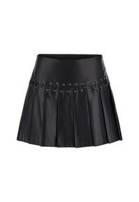 Juodas dirbtinės odos klostuotas sijonas, turintis lygų juosmenį ir dekoratyvinius aklinius raištelius priekyje. Trumpas, platėjantis siluetas.