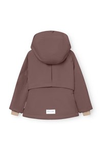 Veste isolante marron avec capuche, présentant un design à dos superposé, des accents de manches beiges et une étiquette de logo en bas.