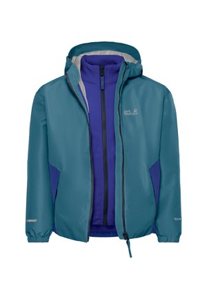 Two-layer blue outdoor jacket with a zipper, hood, elastic cuffs, and a visible Jack Wolfskin logo on the chest.