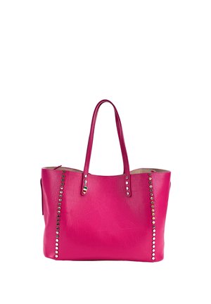 Bright pink leather tote bag with two handles and vertical rows of metal studs on the front sides.