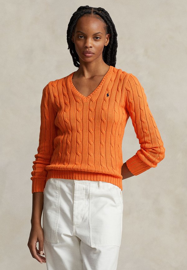 CABLE KNIT COTTON V NECK SWEATER - Jumper - sun orange