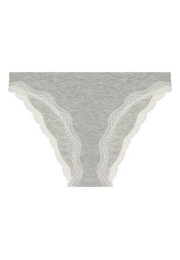 Grå bomulds-tanga med bølget hvide blonder langs kanterne, der har en glat tekstur og et klassisk snitdesign.