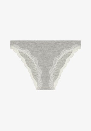 Grå bomulds-tanga med bølget hvide blonder langs kanterne, der har en glat tekstur og et klassisk snitdesign.