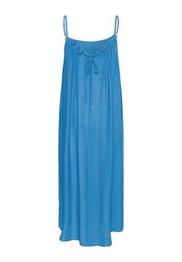 Vestido maxi azul sin mangas, hecho de tejido ligero. Presenta un escote elástico, tirantes ajustables y un corte relajado con una cintura atada.