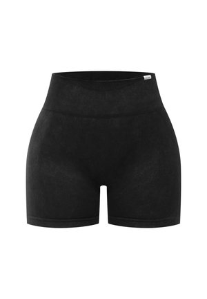 Zwarte high-waisted shorts gemaakt van zachte, rekbare stof met een gladde textuur en geribde tailleband. Geen zichtbare patronen of hardware.