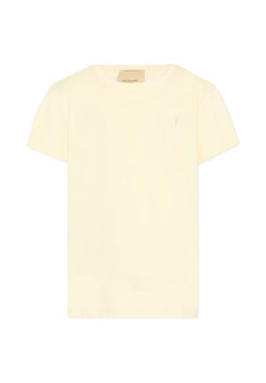 T-shirt à manches courtes couleur crème, col rond et petit logo brodé sur la poitrine gauche, étiquette de marque Trussardi à l’intérieur du col.
