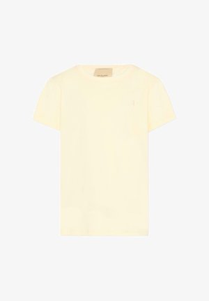 T-shirt color crema a maniche corte con scollo a girocollo e piccolo logo ricamato sul petto sinistro, etichetta Trussardi all'interno del colletto.