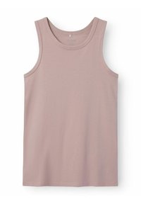 Débardeur sans manches rose clair en tissu doux, avec un col rond et une texture lisse et uniforme sans motifs ni accents.