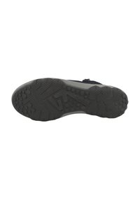 Suola di scarpa in gomma nera con un motivo di grip testurizzato, caratterizzata da elementi circolari e lineari sollevati per la trazione e la durata.