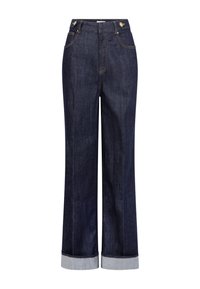 Hoge taille donkerblauwe denim jeans met wijde benen, omgeslagen cuffs, voorzakken en knoopdetails op de tailleband.